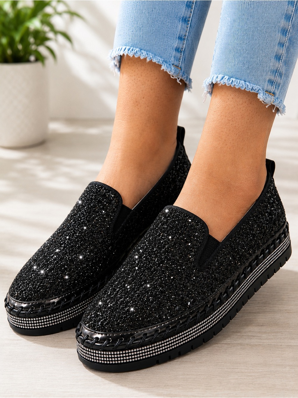Novelty Sneakers Cushioned Black Glitter Loafers Silver Trim Slip-On 37 (6.5)